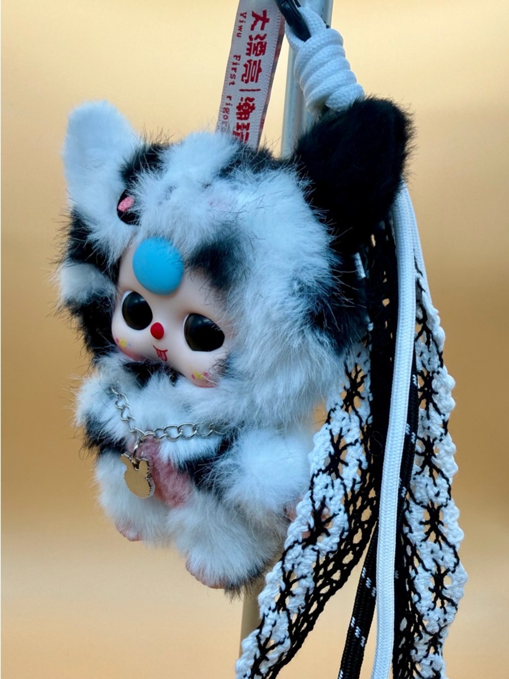 Kawaii Black & White Furry Doll Keychain with cord Accent - Picture 4 of 6